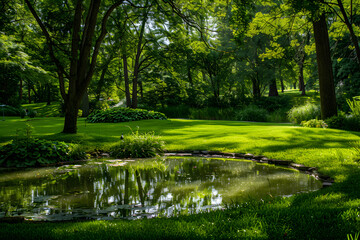 A lush green park with a clean pond, symbolizing the importance of maintaining environmental health, with sunlight filtering through the trees