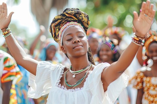 Woman Celebrates Freedom Day Juneteenth With Raised Arms and Closed Eyes