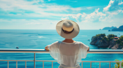 Sea side vacation concept. Woman wearing a hat from back, looking to beautiful view from balcony