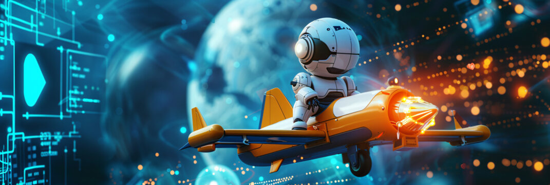 mascot robot with blue eyes sitting on wooden boat sailing , with connect triangle network lines and waves, with glowing blue earth globe on background, airplane, flight