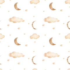 Seamless pattern moon in clouds and stars. Watercolor illustration in children's style for printing on textiles, fabrics, clothes, packaging, wallpaper, dishes  © Anastasia Brekhova