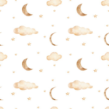 Seamless pattern moon in clouds and stars. Watercolor illustration in children's style for printing on textiles, fabrics, clothes, packaging, wallpaper, dishes 