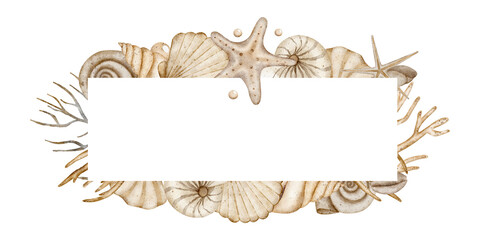 Watercolor frame shells, corals, seaweed. Illustration on the marine theme. Rectangle template for invitation, greeting, postcard, poster, cosmetics and product packaging design