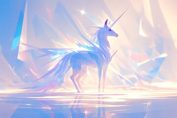 A majestic unicorn standing gracefully, with a shimmering horn and flowing mane, symbolizing purity and magic
