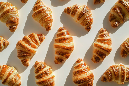 Freshly baked golden croissants on a light background. Generative AI image