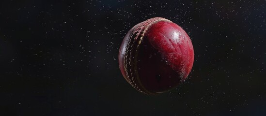 Fototapeta premium Cricket ball with drops of water on a dark background.