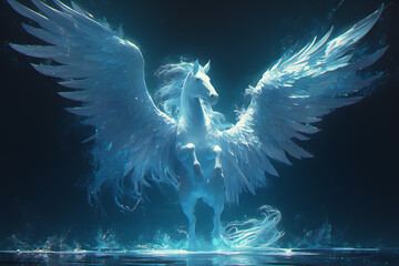 An elegant Pegasus soaring through the sky, its wings spread wide in flight, symbolizing freedom and grace