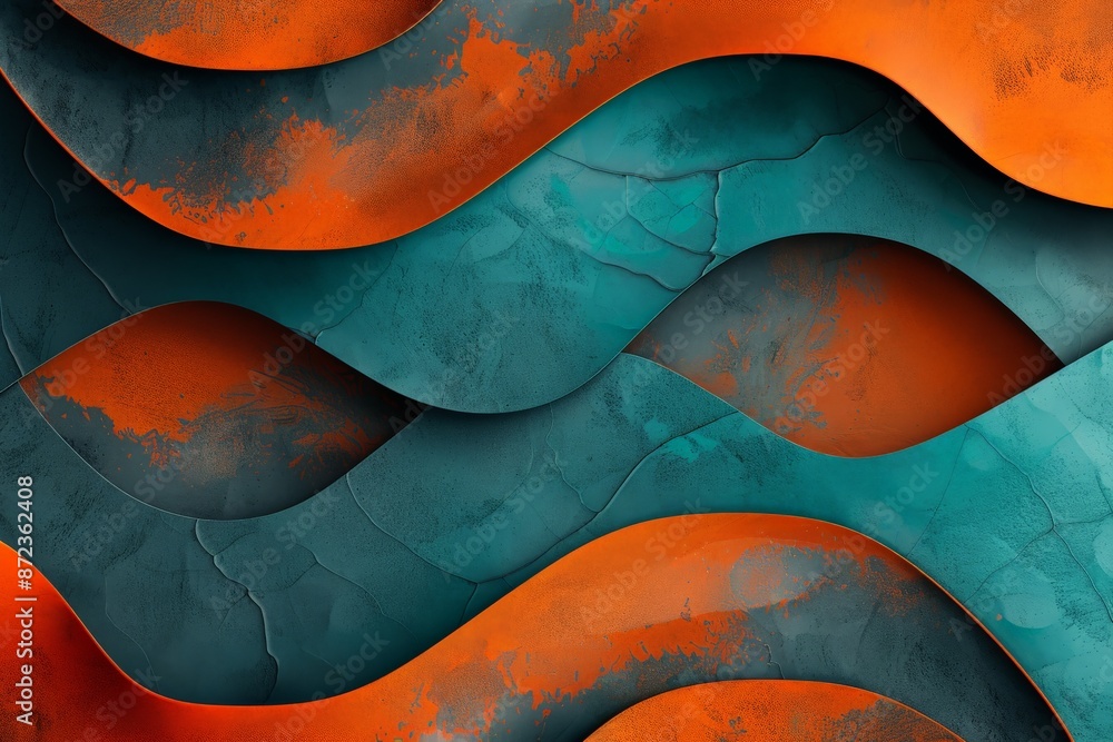 Poster An abstract design showcasing undulating waves in blue and orange hues with a textured surface, invoking a sense of depth and movement within the artwork.