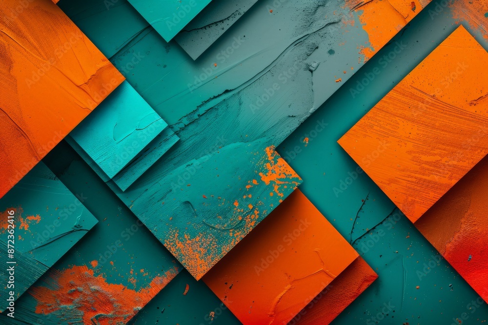 Poster This image portrays an abstract design with layered geometric shapes in teal and orange, featuring rich textures and contrasting colors for a visually striking composition.