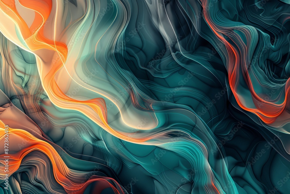 Poster Graceful gradient waves in shades of teal and orange create a dynamic abstract art piece, reflecting continuous motion and fluidity, appealing to the viewer's senses.