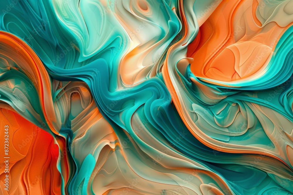 Poster Organic waves of teal and orange in this abstract artwork create a beautiful and vibrant flow, highlighting fluidity and depth through dynamic and harmonious visual elements.