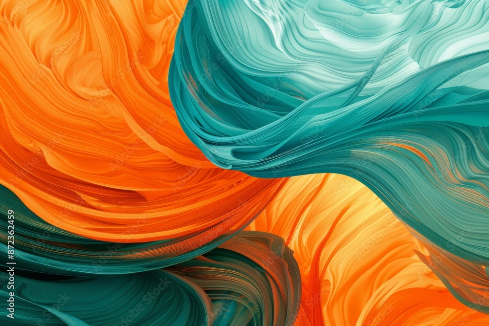 Poster Dynamic abstract image showcasing fluid, swirling forms in vivid oranges and blues, creating a mesmerizing, energetic visual landscape with a sense of motion and contrast.