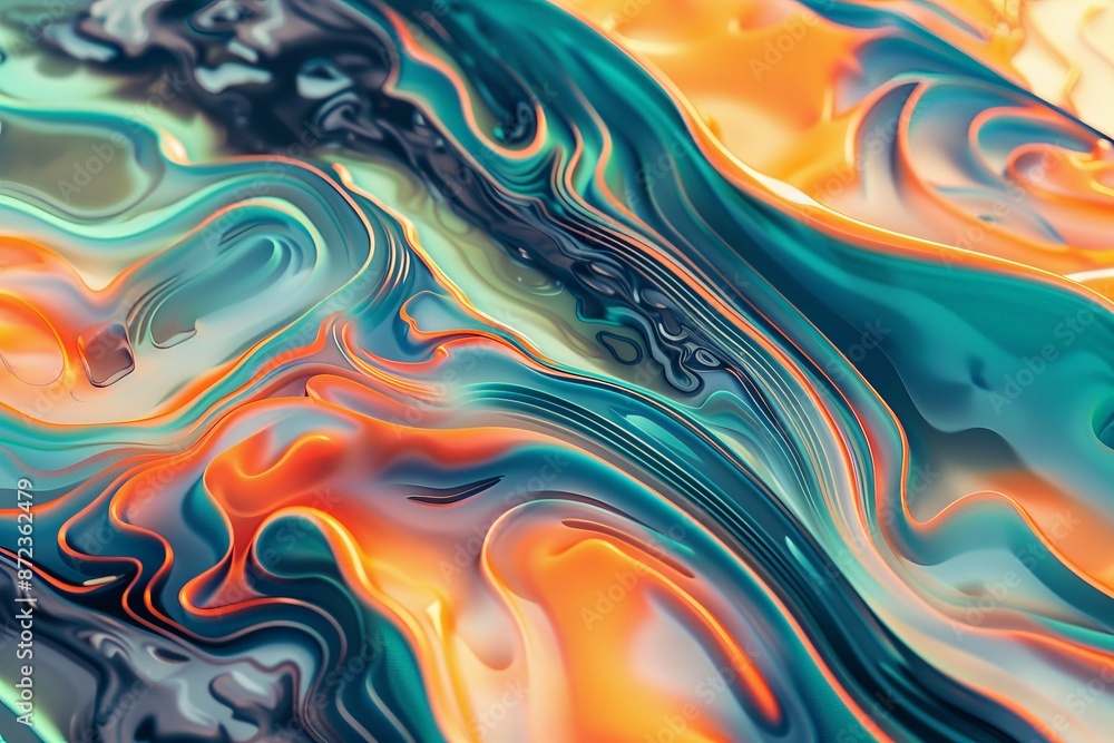 Poster a vibrant and fluid abstract piece characterized by dynamic swirls of blue and orange hues, creating