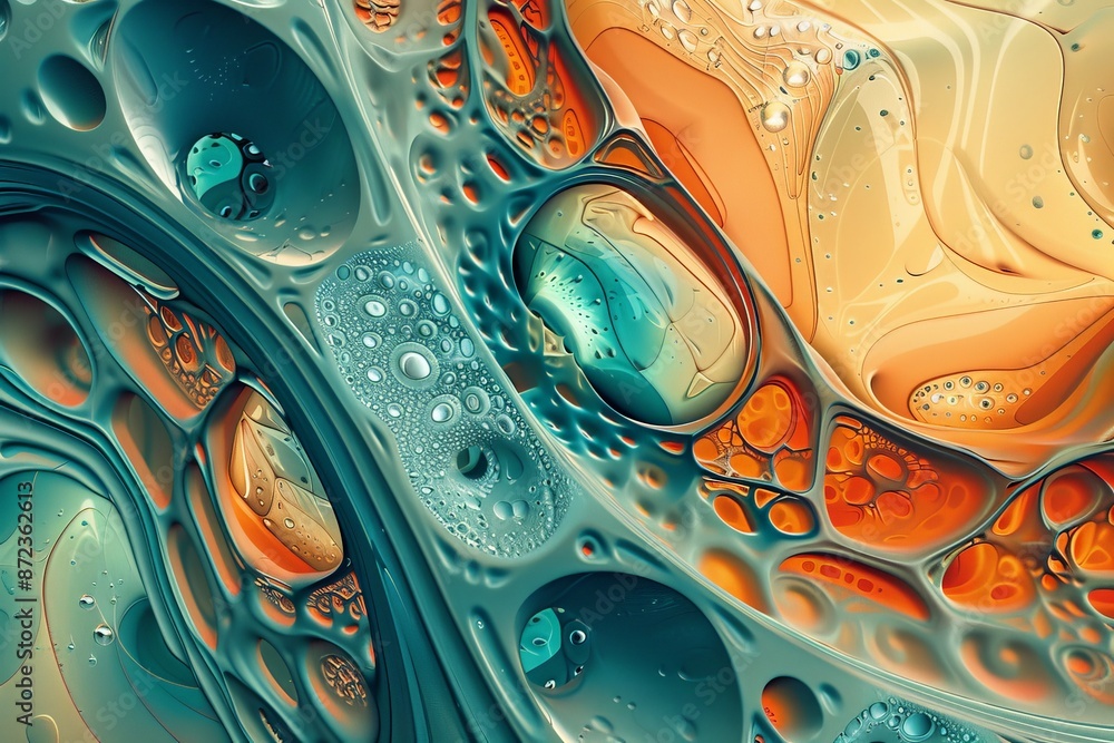 Aufkleber The image presents a microcellular abstract art with intricate teal and orange patterning, capturing an organic and cellular aesthetic that is visually intriguing and unique.