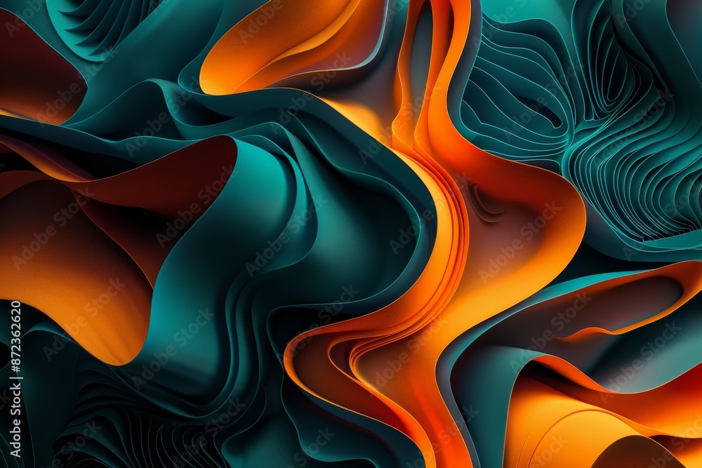 Aufkleber This image depicts an abstract composition with dynamic flowing shapes in shades of teal and orange, evoking a sense of movement and energy, perfect for artistic use.