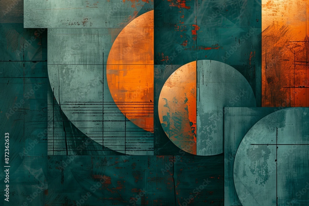 Poster The image displays a geometric abstraction with curves and a teal-orange color palette, creating an intricate design that's rich with textures and a modern aesthetic charm.