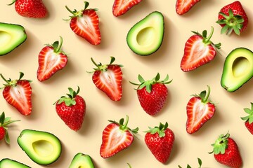 Fototapeta premium The image features strawberries and avocado halves aesthetically arranged on a light background, highlighting their organic beauty and fresh, healthy appeal.