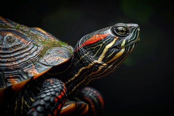 Obraz premium Mystic portrait of European Pond Turtle, full body view, isolated on black background
