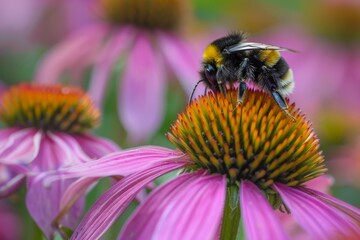 A captivating image of a bumblebee pollinating a pinkish flower in a garden setting, showcasing the beauty and significance of pollinators in nature.