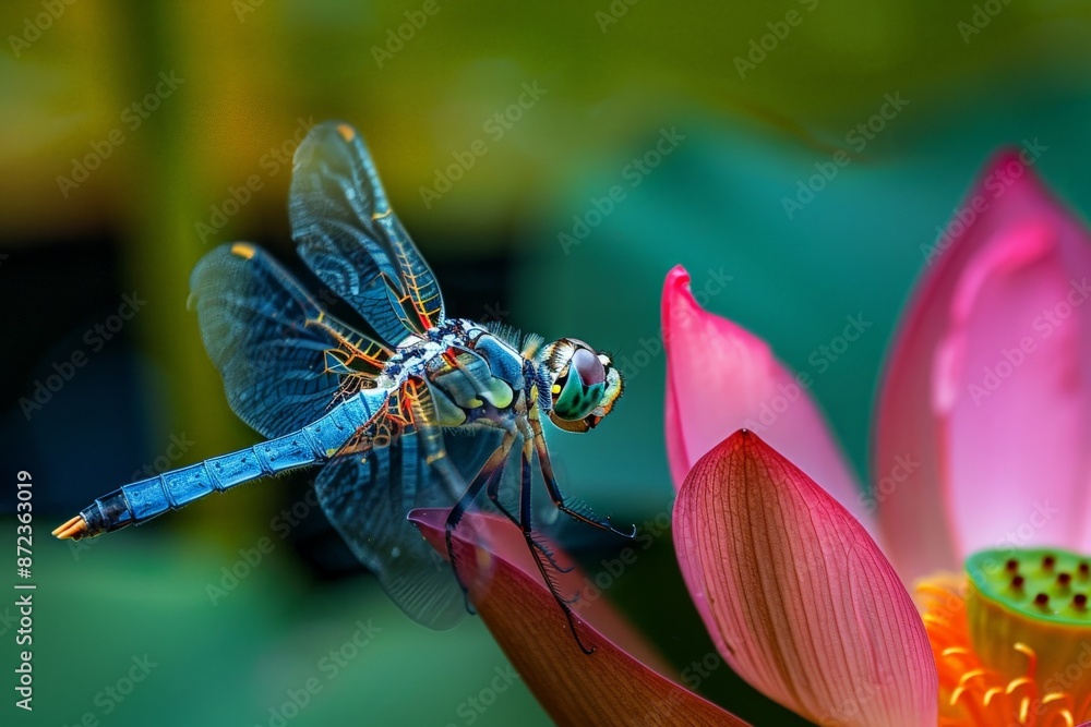Poster a vibrant image depicting a blue dragonfly perched on a pink flower with a blurred natural backgroun