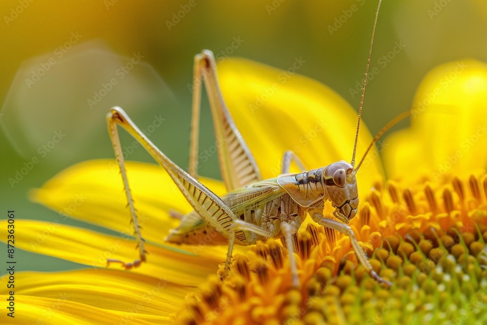 Poster a stunning image showing a grasshopper standing gracefully on the edge of sunflower petals, capturin