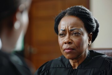 Obraz premium A stern-looking judge wearing a black robe is seen in a close-up shot, with a serious expression in a courtroom setting, embodying authority and justice.