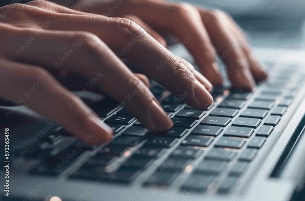 Poster closeup image of hands typing on a laptop keyboard with ambient lighting, illustrating computer work
