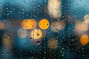 Raindrops on a window with blurred city lights