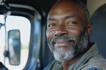 Obraz premium A cheerful man with a grey beard and bald head is sitting in the driver's seat of a truck looking outside with a smile, representing happiness and satisfaction.