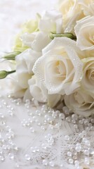 Obraz premium Elegant white rose bouquet adorned with delicate pearls and dew drops