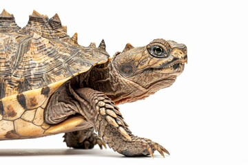 the beside view Alligator Snapping Turtle, left side view, white copy space on right, dutch angle view, isolated on white background