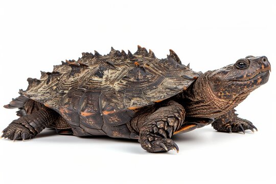 the beside view Alligator Snapping Turtle, left side view, white copy space on right, dutch angle view, isolated on white background