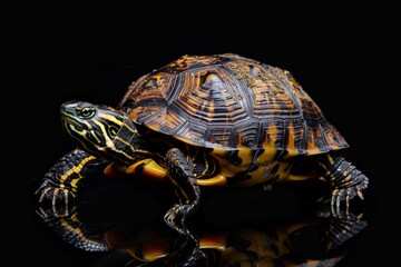 Obraz premium the beside view Eastern Box Turtle, left side view, white copy space on right, isolated on black background