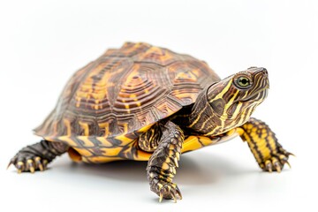 Obraz premium the beside view Eastern Box Turtle, left side view, white copy space on right, dutch angle view, isolated on white background
