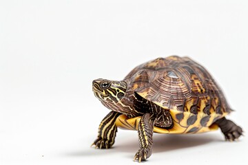 Fototapeta premium the beside view Eastern Box Turtle, left side view, white copy space on right, dutch angle view, isolated on white background