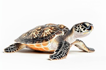 Fototapeta premium the beside view Flatback Sea Turtle, left side view, white copy space on right, dutch angle view, isolated on white background