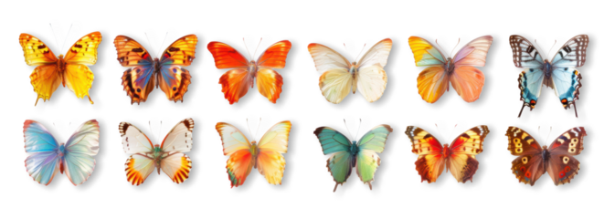 Colorful butterfly collection on transparent background