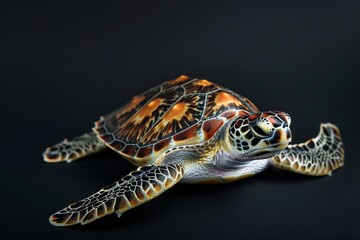 Fototapeta premium the beside view Flatback Sea Turtle, left side view, white copy space on right, isolated on black background
