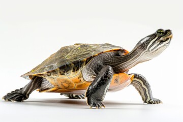 the beside view Flatback Turtle, left side view, white copy space on right, dutch angle view, isolated on white background