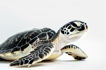 Fototapeta premium the beside view Flatback Turtle, left side view, white copy space on right, dutch angle view, isolated on white background