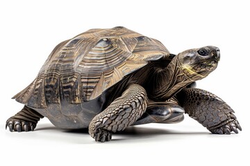 Obraz premium the beside view Galapagos Tortoise, left side view, white copy space on right, dutch angle view, isolated on white background