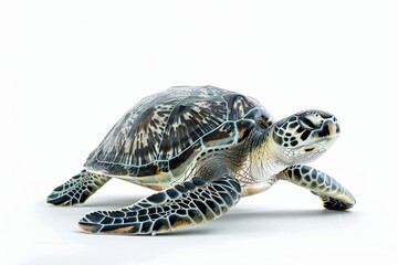 Fototapeta premium the beside view Green Sea Turtle, left side view, white copy space on right, dutch angle view, isolated on white background