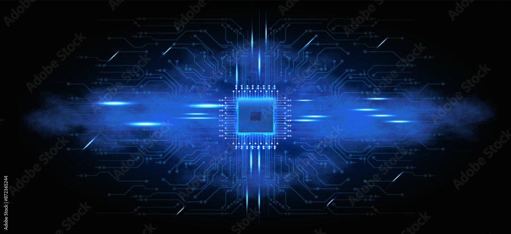 Poster central computer processors cpu concept. motherboard digital chip. processor with lights on the blue