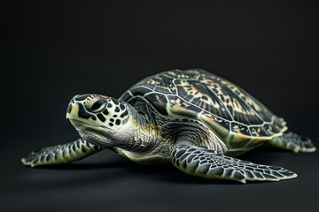 Fototapeta premium the beside view Green Sea Turtle, left side view, white copy space on right, isolated on black background