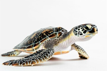 Obraz premium the beside view Green Sea Turtle, left side view, white copy space on right, dutch angle view, isolated on white background