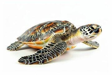 Fototapeta premium the beside view Green Sea Turtle, left side view, white copy space on right, dutch angle view, isolated on white background