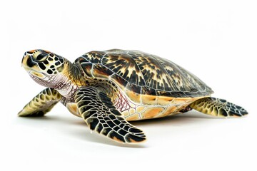 Obraz premium the beside view Green Sea Turtle, left side view, white copy space on right, dutch angle view, isolated on white background