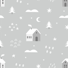 Fototapeta premium Vintage winter seamless pattern with cute houses stars trees and snowflakes. Cute Christmas design, Scandinavian style background. Vector illustration