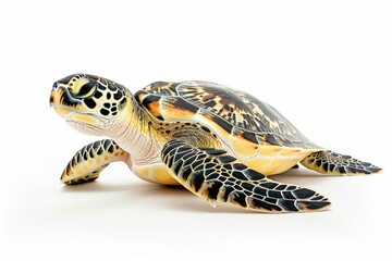 Fototapeta premium the beside view Hawksbill Turtle, left side view, white copy space on right, dutch angle view, isolated on white background