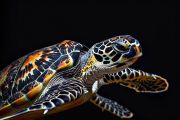 Obraz premium the beside view Hawksbill Turtle, left side view, white copy space on right, isolated on black background